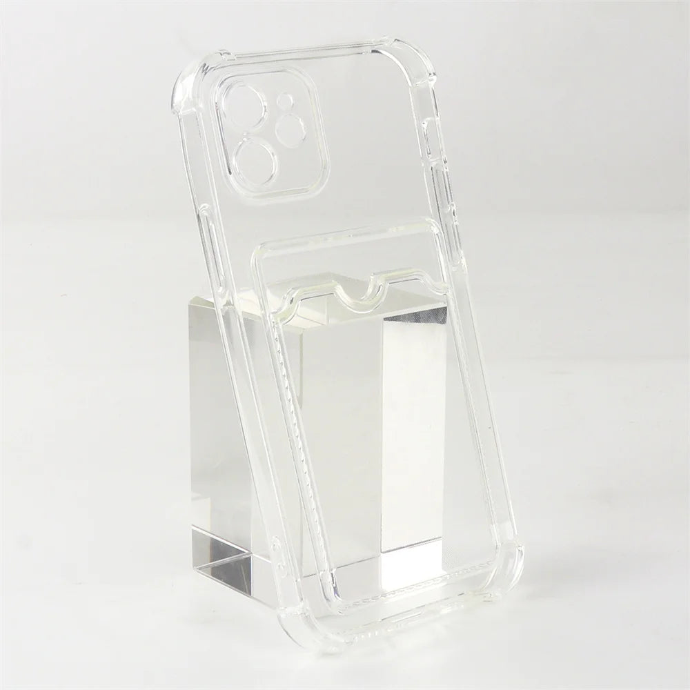 Transparent Card Slot Bag Holder Case For iPhone 15 14 13 12 11 Pro Max Mini X XR XS 7 8 Plus Clear Shockproof Soft Wallet Cover