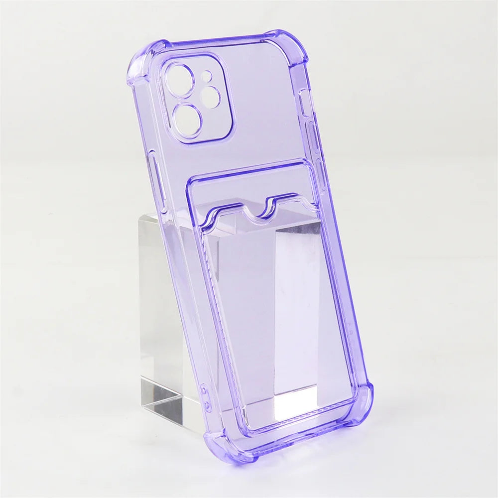 Transparent Card Slot Bag Holder Case For iPhone 15 14 13 12 11 Pro Max Mini X XR XS 7 8 Plus Clear Shockproof Soft Wallet Cover