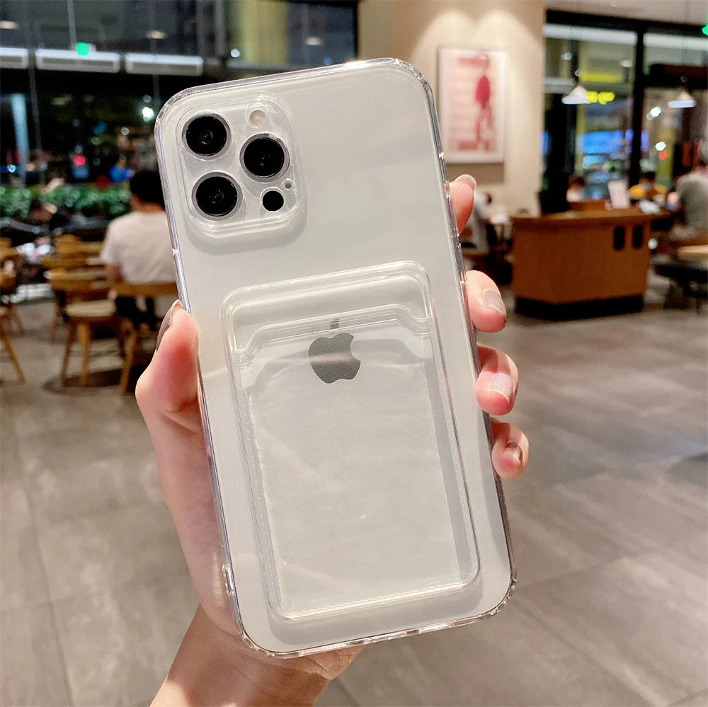 Photo Pocket Silicone Case For iPhone 16 15 14 11 Pro Max 13 12Mini X XR 7 8 Plus Shockproof Clear Soft Card Holder Wallet Cover