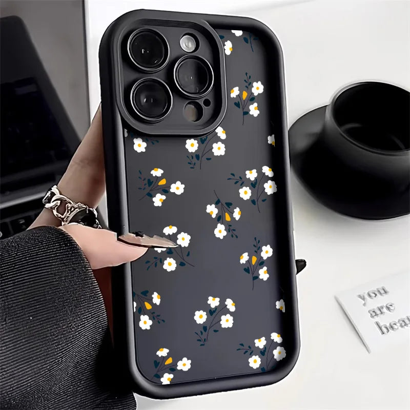 Liquid Silicone Cases For iPhone 16 Pro Case iPhone 16e 15 13 11 12 13 Pro Max 14 Plus XR 17 Air White Floral Shockproof Cover