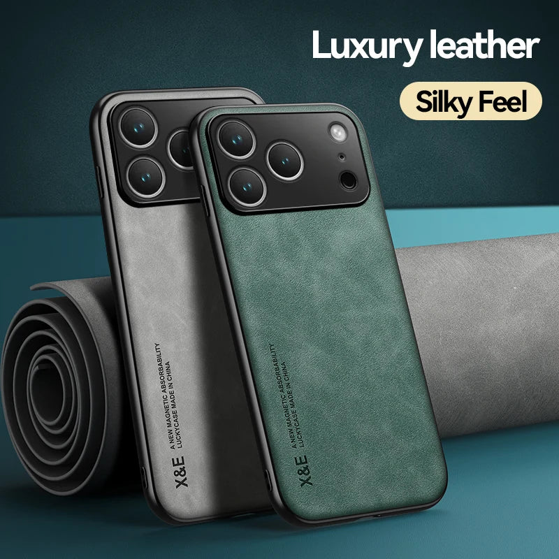 Luxury Magnetic Leather Case for iPhone 15 14 13 12 11 16 17 Pro Max Mini Plus 17Pro iPhone17 Magsafe Cover Support Car Holder