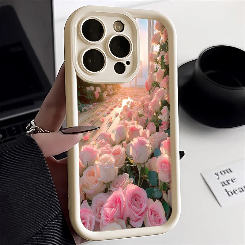 Liquid Silicone Cases For iPhone 16 Pro Case iPhone 16e 15 13 11 12 13 Pro Max 14 Plus XR 17 Air White Floral Shockproof Cover
