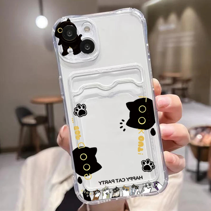 Cute Black Cat Transparent Phone Case For iPhone 17 16 15 14 Pro Max 13 12 11 XS X 7 8 Plus 16e 17e Wallet Card Holder Bag Cover