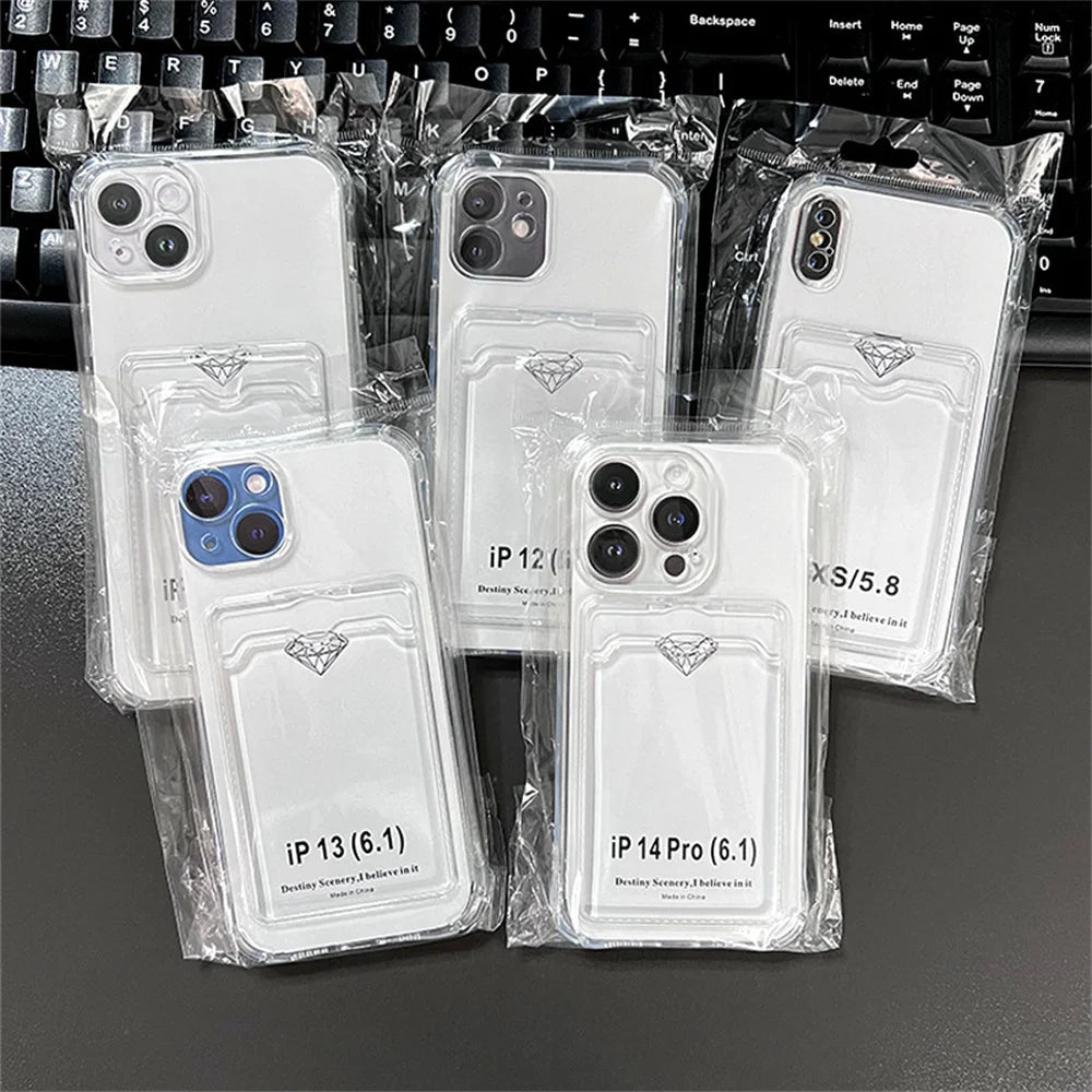 Transparent Card Slot Bag Holder Case For iPhone 15 14 13 12 11 Pro Max Mini X XR XS 7 8 Plus Clear Shockproof Soft Wallet Cover